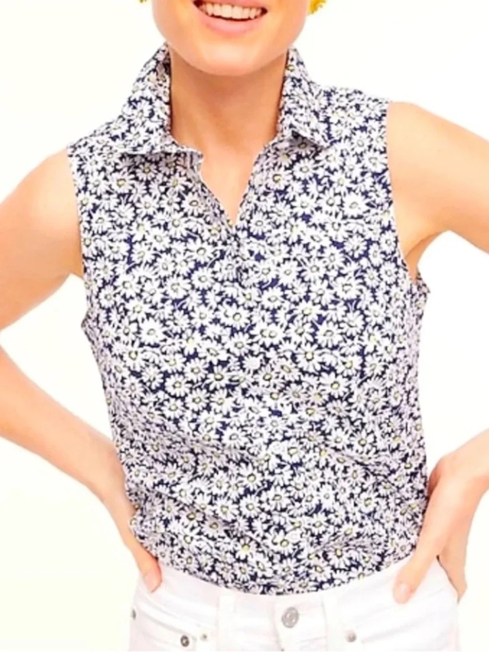 J. Crew Sleeveless Floral Daisy Pattern Cotton Shirt Button Down Size Medium
